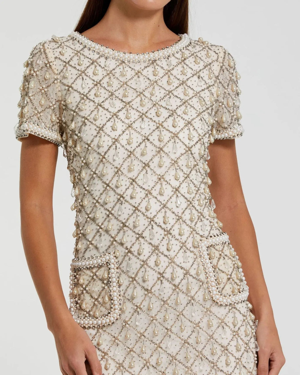 Ivory Pearl Embellished Short Sleeve Mini Dress