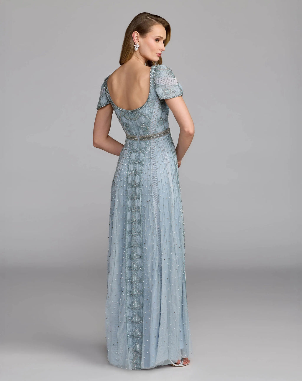 Blue Short Sleeve Scoop Neck Embellished Gown