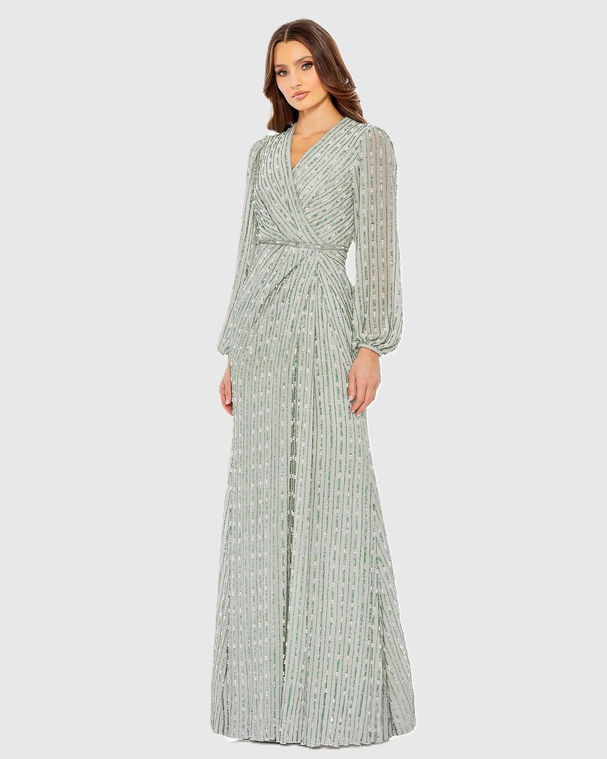 Green Beaded Bishop Sleeve Wrap Gown