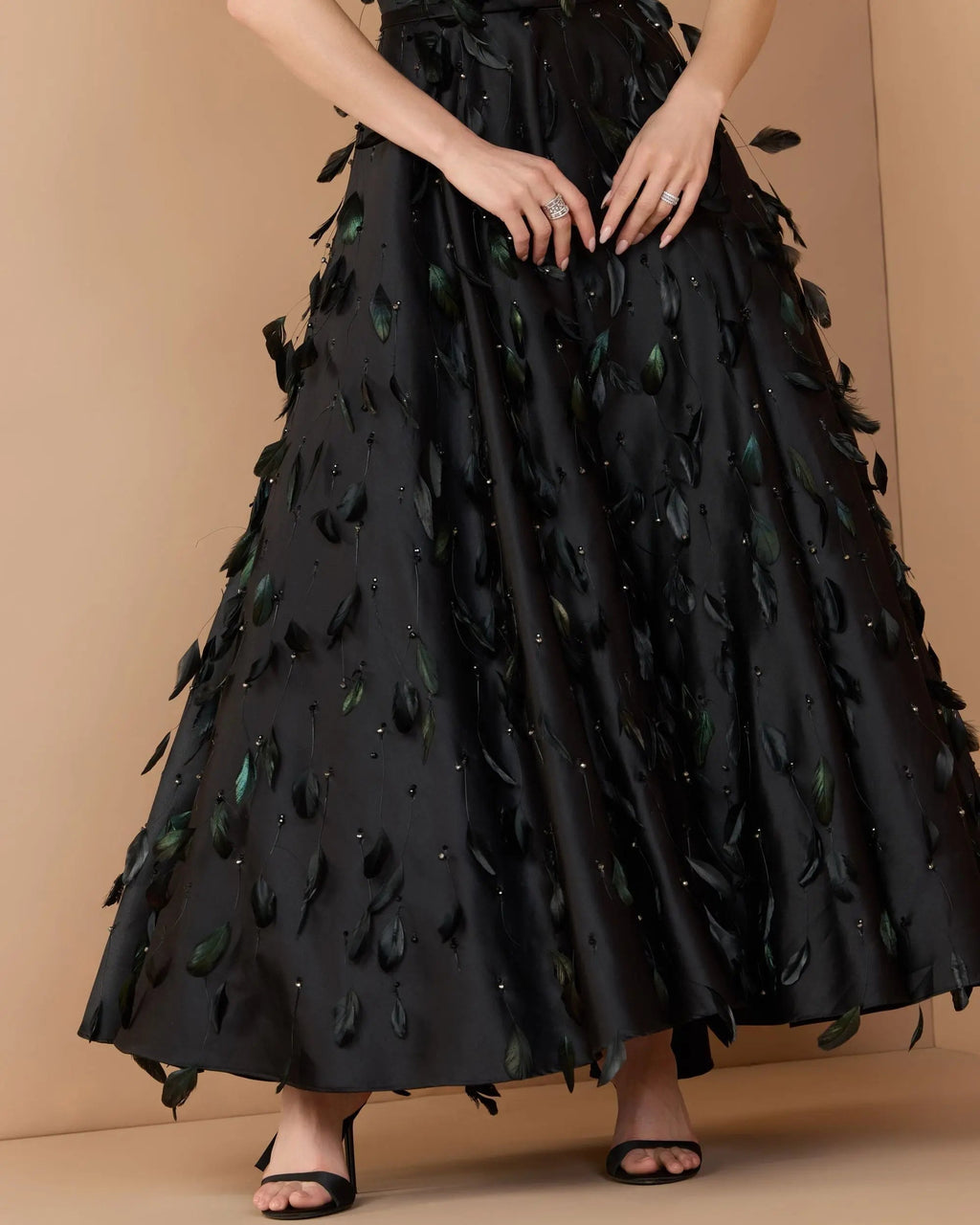 Black Strapless Feather Embellished Satin A-Line Dress