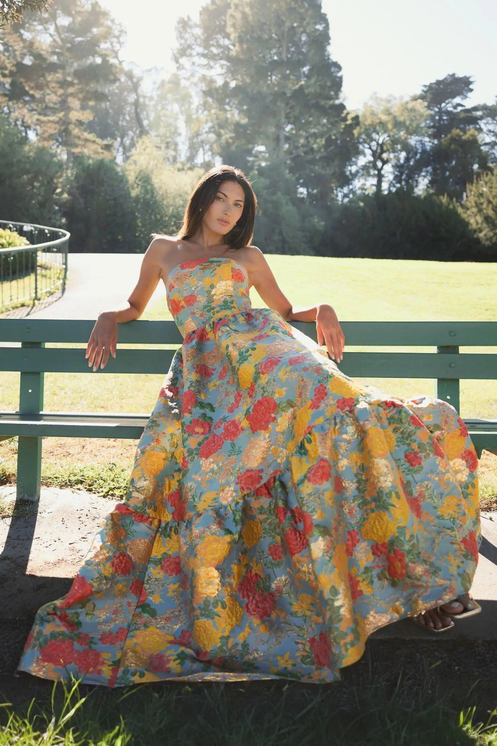 Multicolor Strapless Floral Brocade Dress with Ruffles