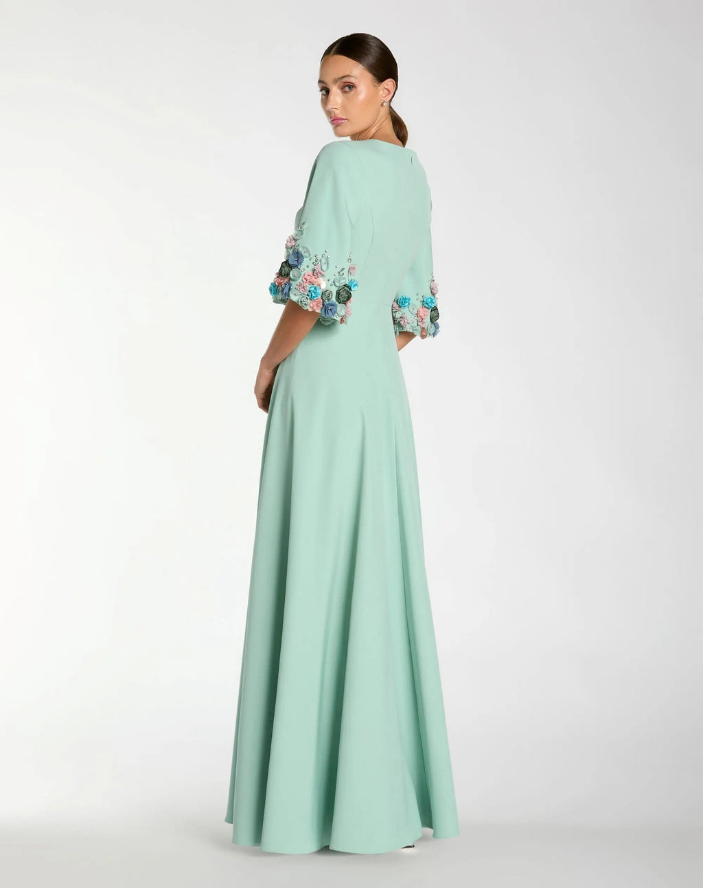 Green Crepe 3/4 Sleeve A-line Gown With Flower Trim