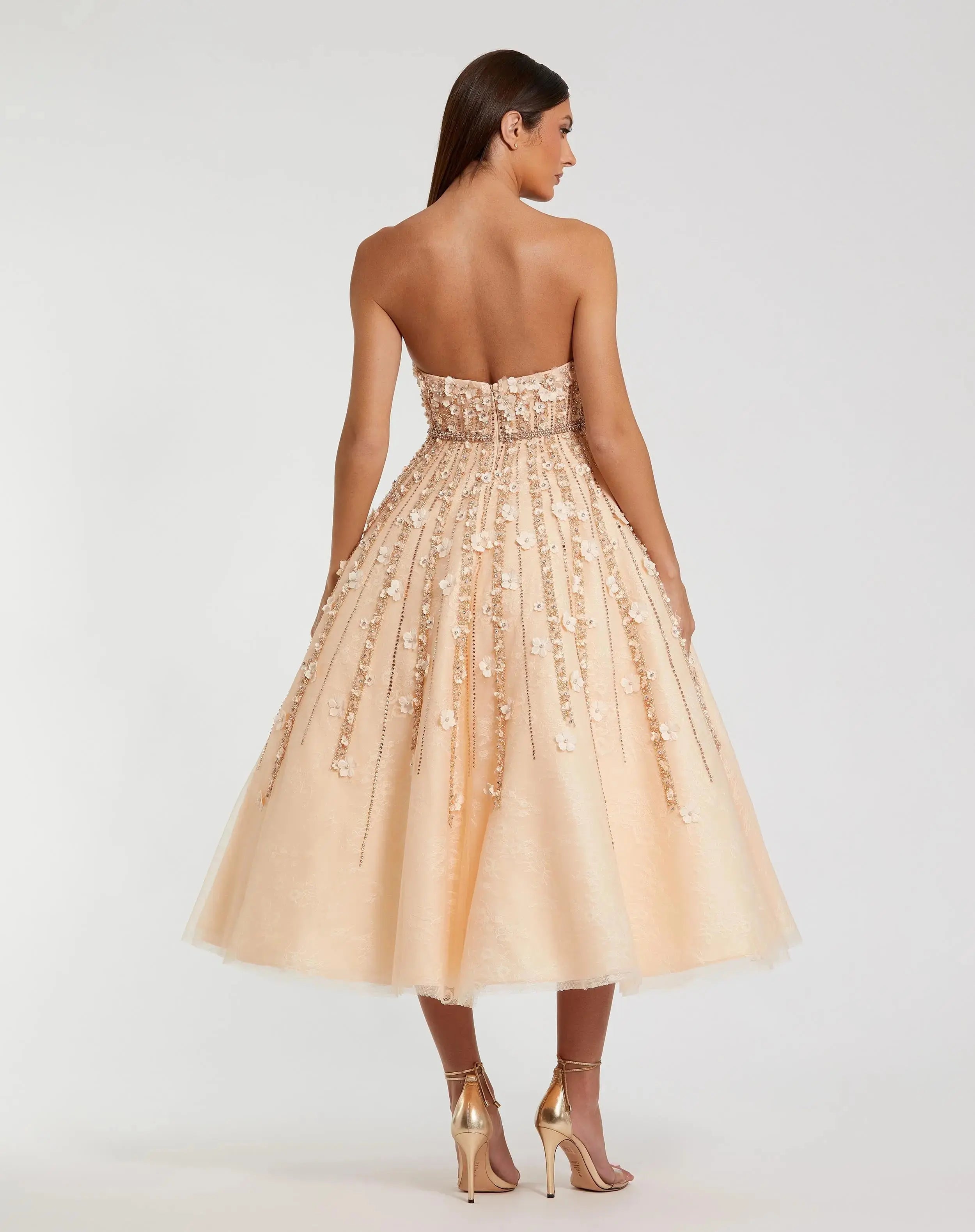 Beige Floral Embellished Strapless A-Line Midi Dress