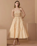 Beige Floral Embellished Strapless A-Line Midi Dress