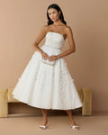 White Floral Embellished Strapless A-Line Midi Dress