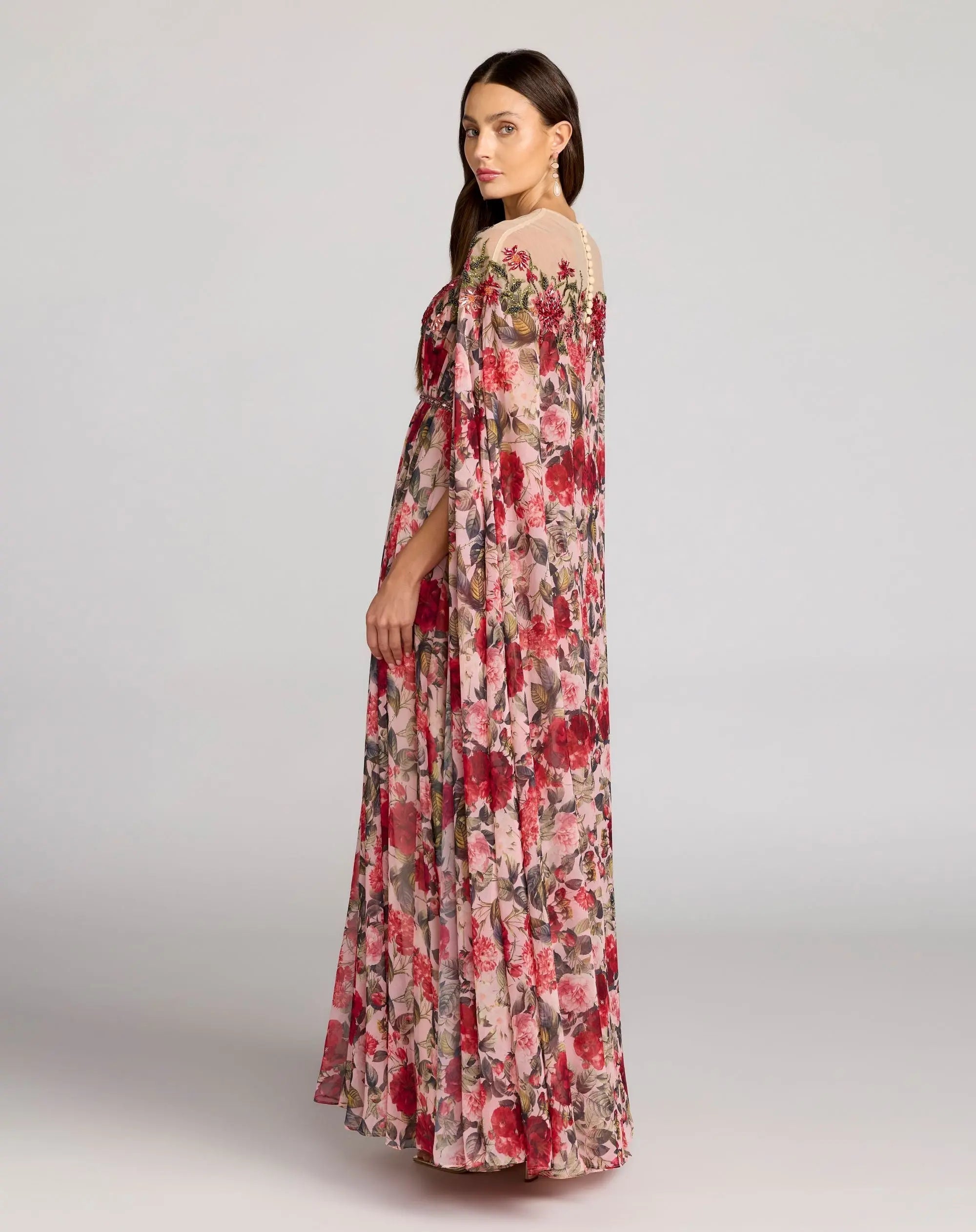 Multicolor Floral Printed Chiffon High Neck Cape Gown