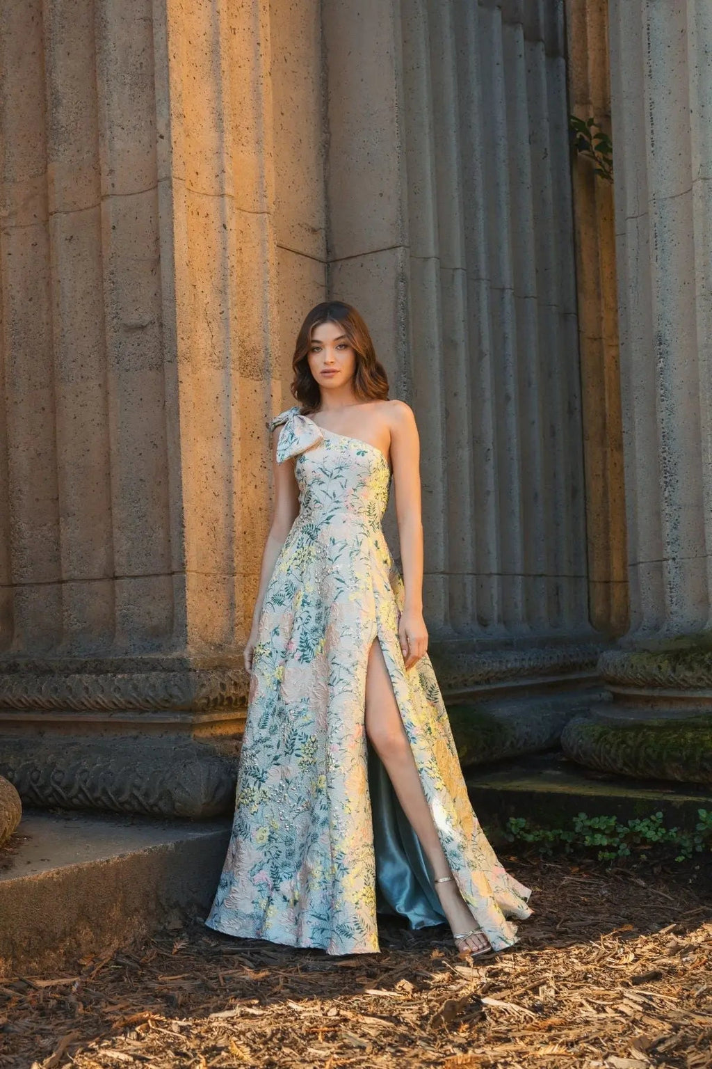Multicolor One Shoulder Brocade Floral Gown With Bow