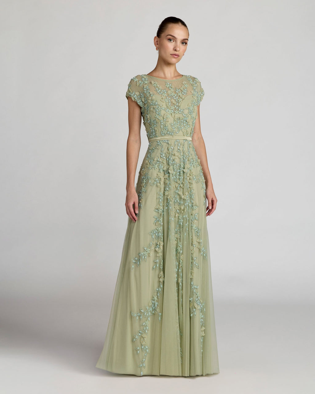 Green Floral Embellished Cap Sleeve Gown