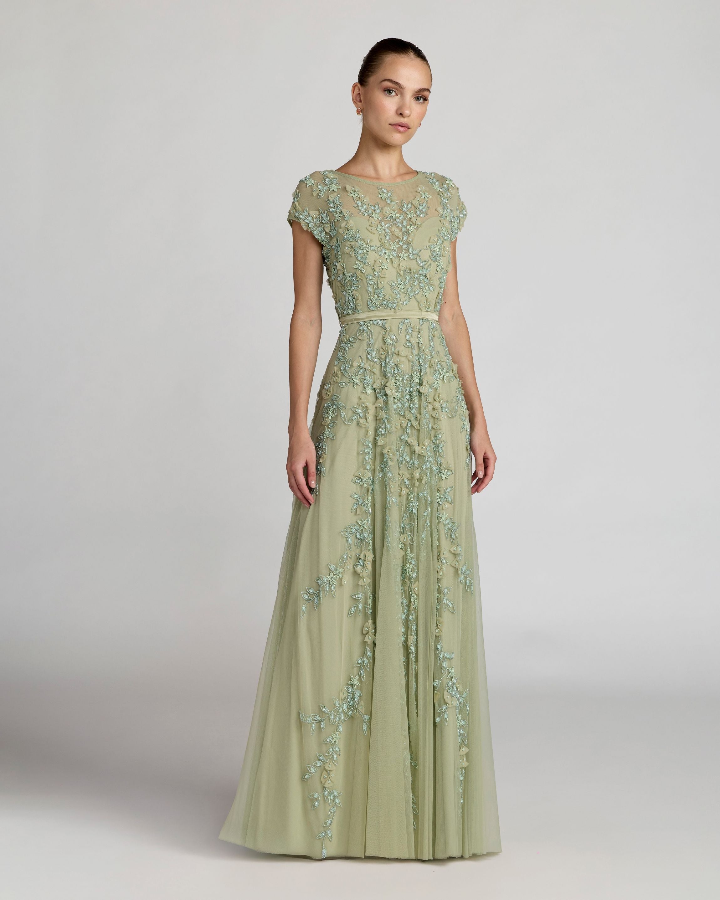 Green Floral Embellished Cap Sleeve Gown