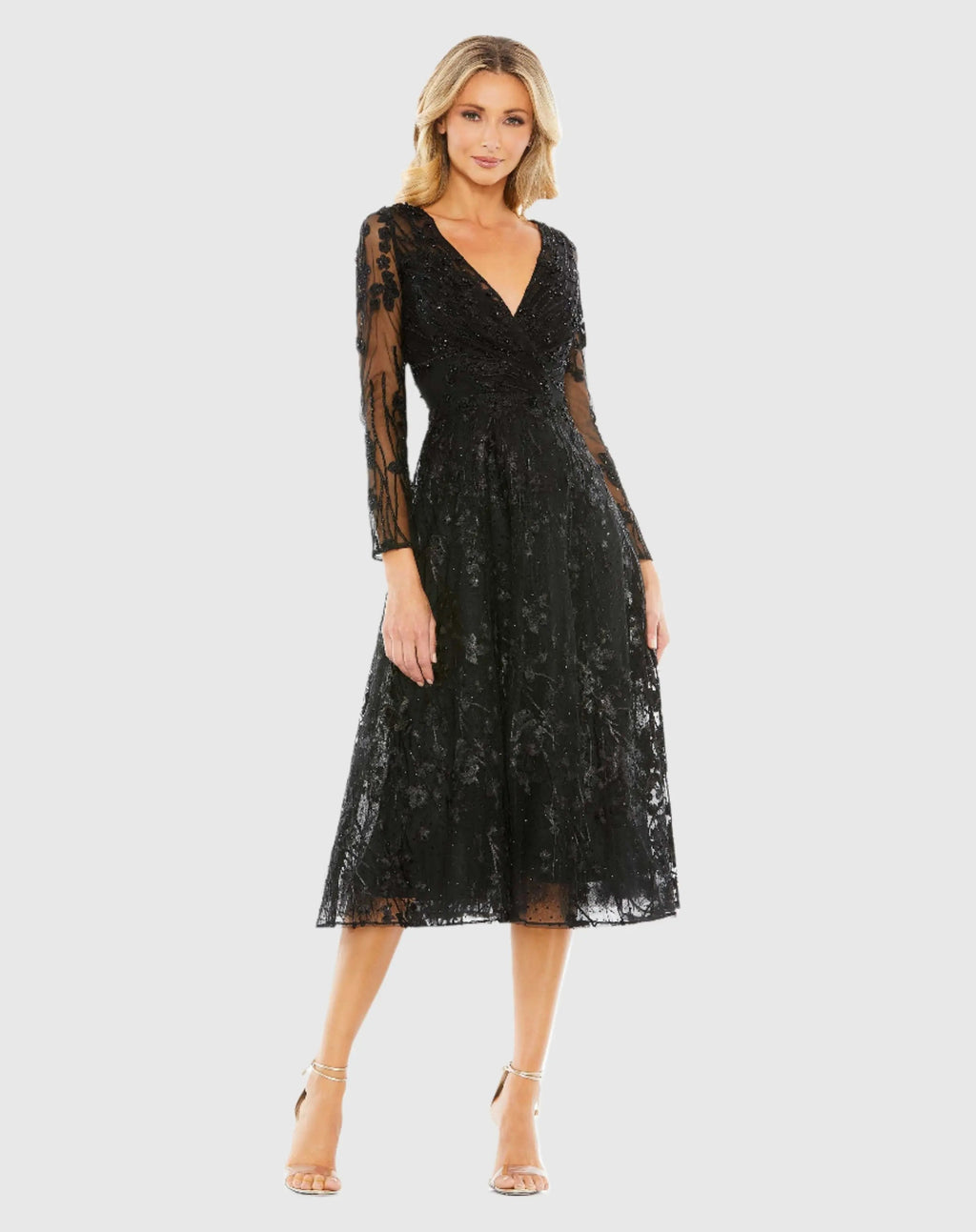 Black Embellished Floral Long Sleeve Dress