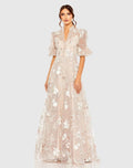 Pink Queen Anne Puff Sleeve Embroidered A-Line Gown