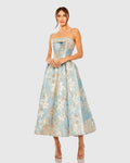 Light Blue Strapless Brocade Midi Dress With Pockets