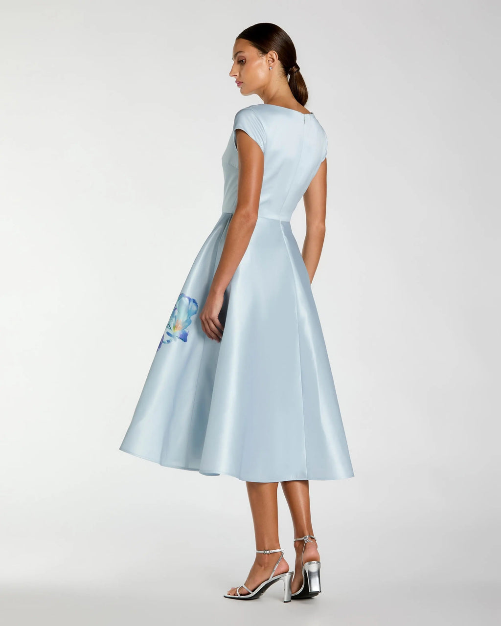 Blue Satin Cap Sleeve Midi Dress With Floral Print