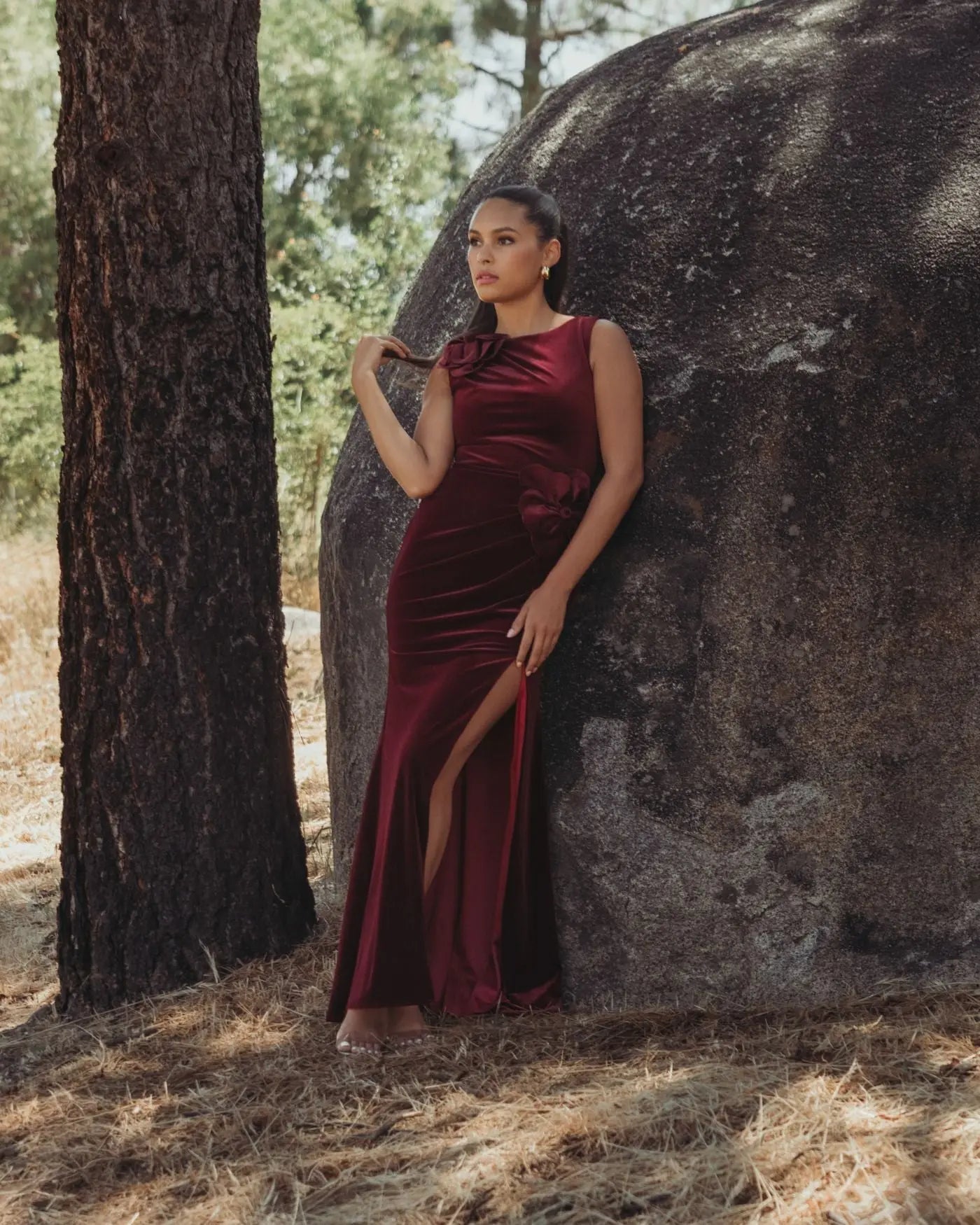 Red High Neck Velvet Column Gown With 3D Flowers