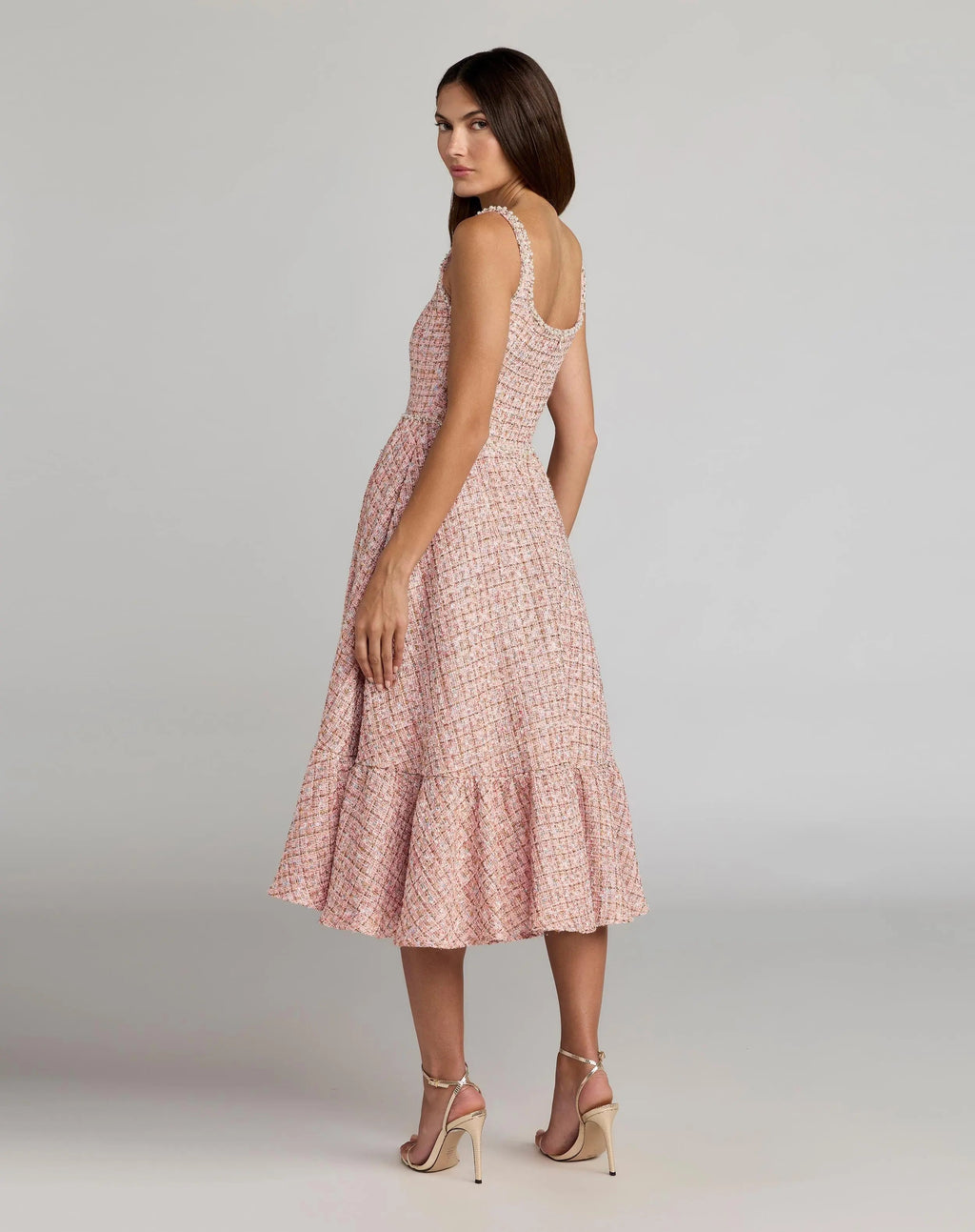 Pink Pearl Embellished Sleeveless Boucle Midi Dress