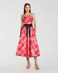 Red Strapless Brocade Midi Dress with Satin Bow