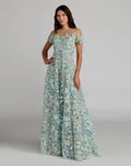 Green High Neck Cap Sleeve Embellished A-Line Gown