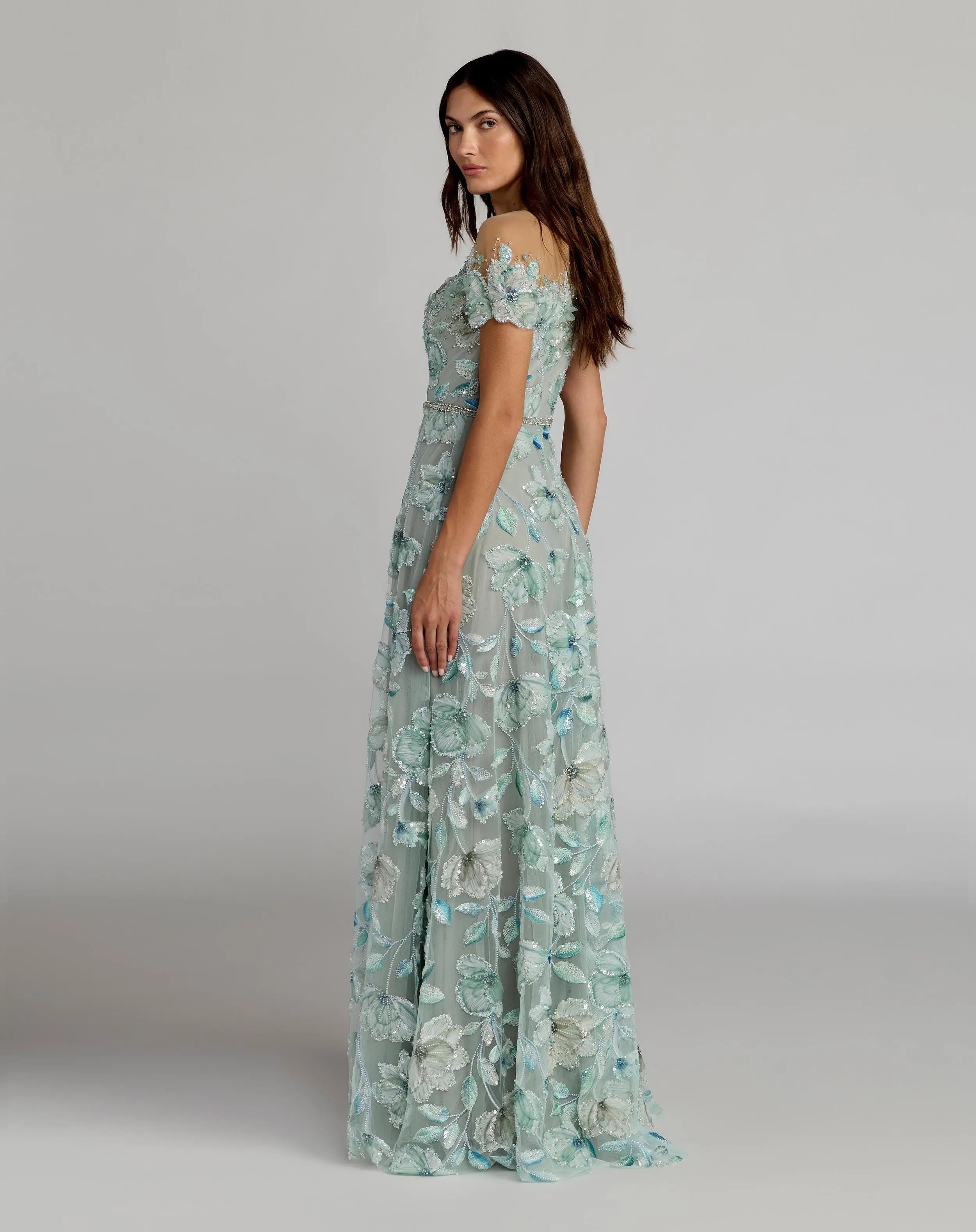 Green High Neck Cap Sleeve Embellished A-Line Gown