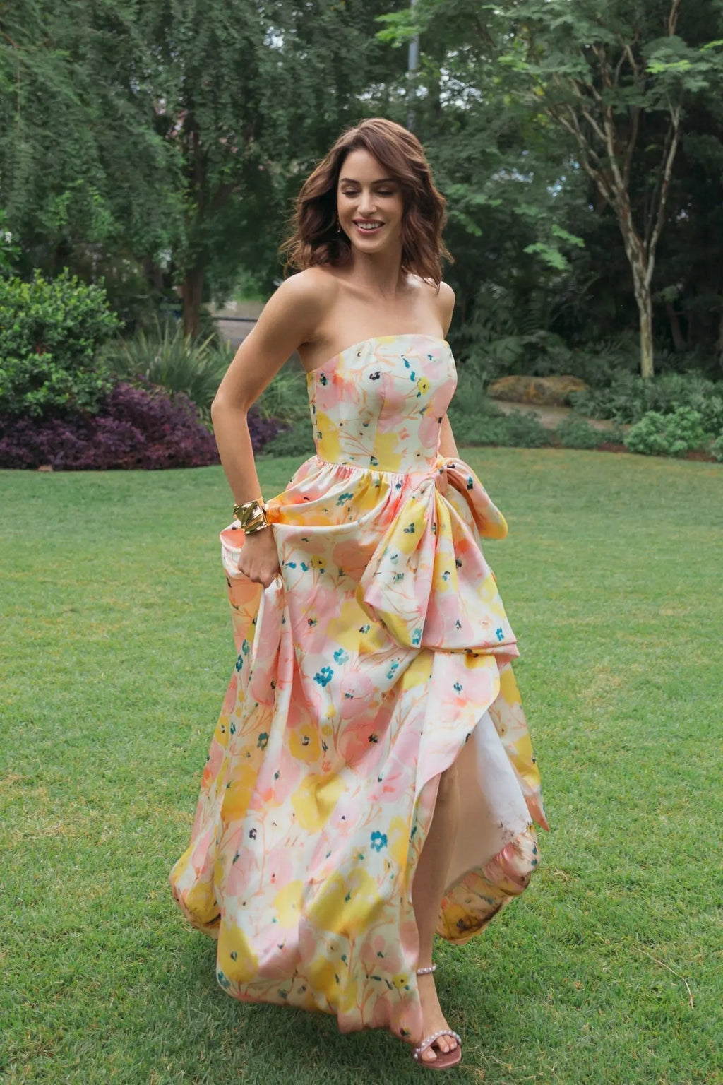 Pink Floral Strapless Bow High Slit Ball Gown