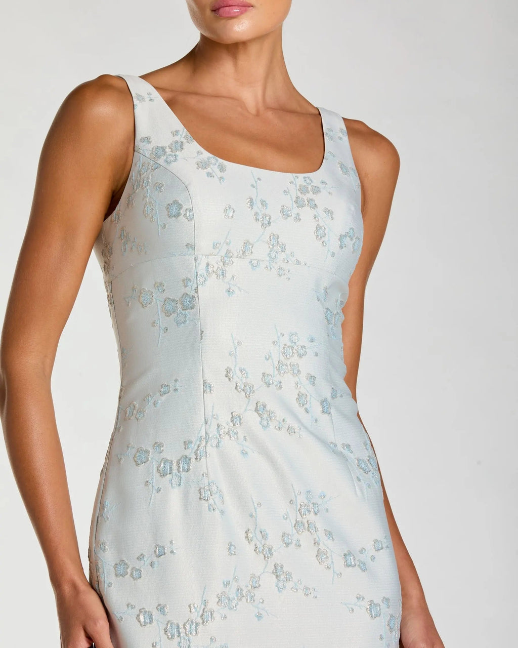 Light Blue Brocade Sleeveless Scoop Neck Midi Dress
