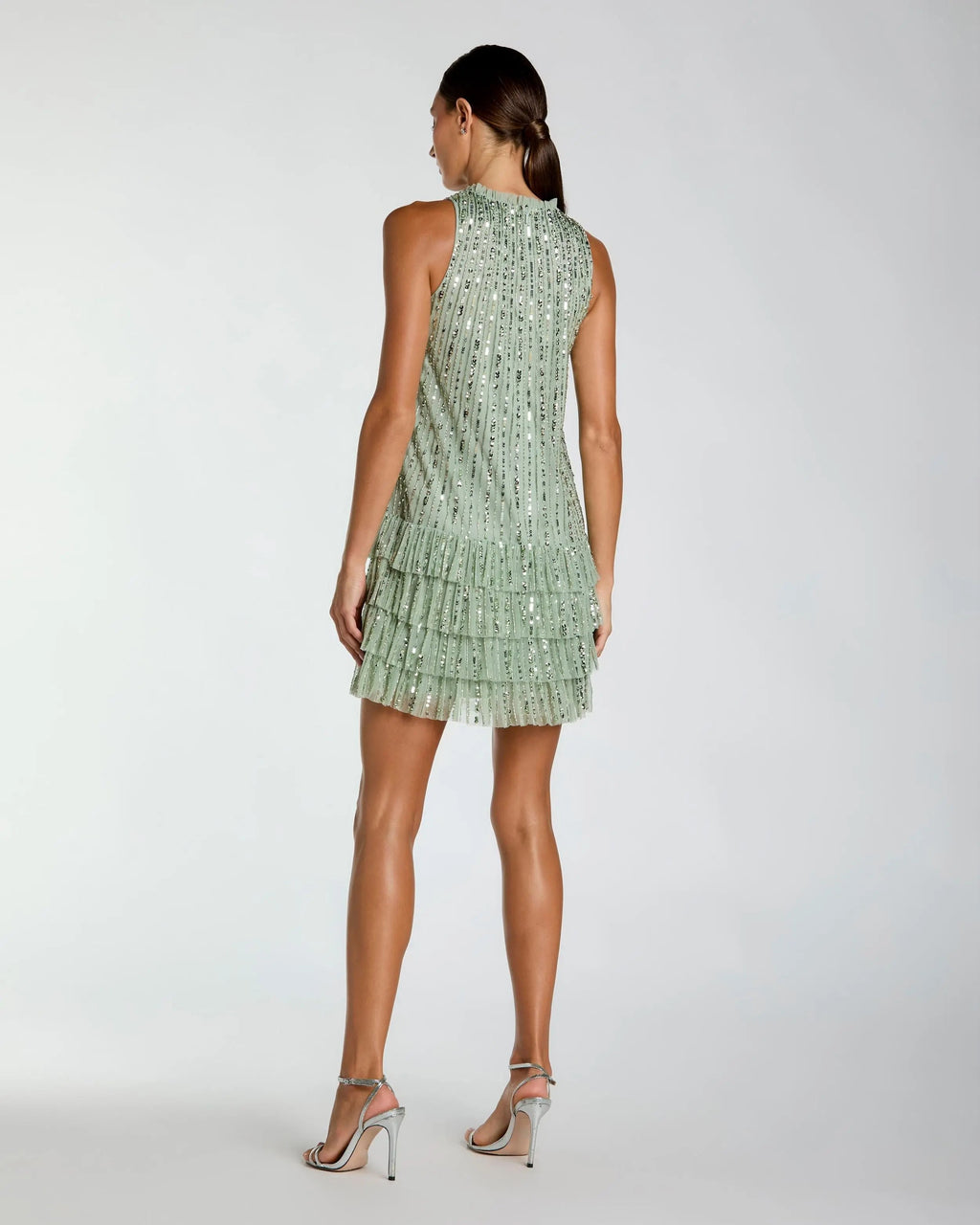 Green Striped Sequin Tiered Ruffle Mini Dress