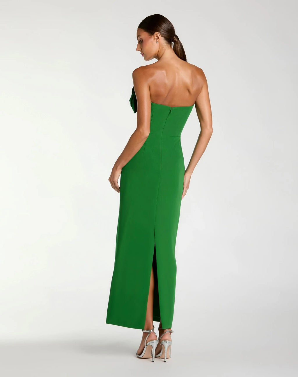 Green Strapless Crepe Dress With 3D Flower Detail