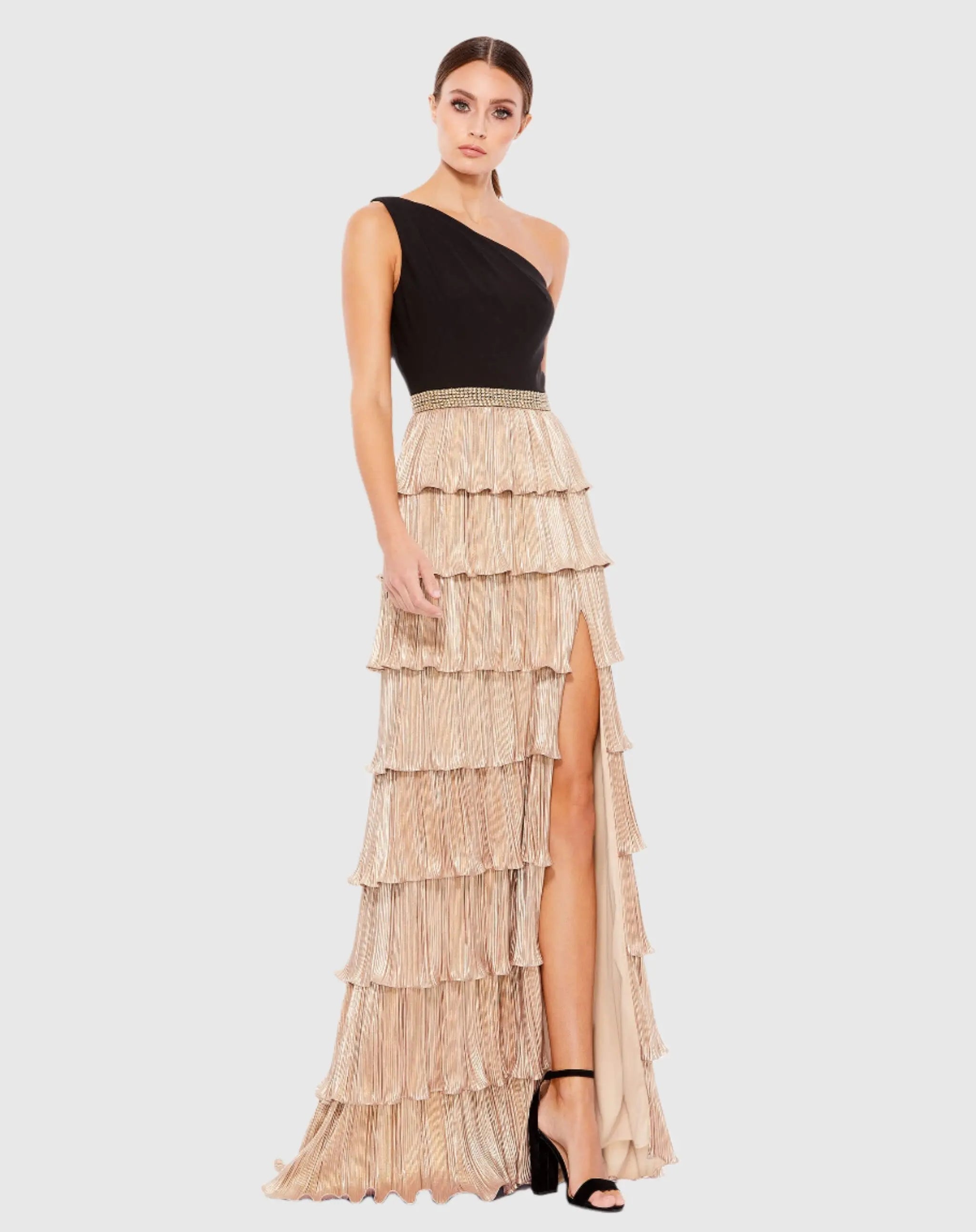 Black and Gold One-Shoulder Ruffle Tiered A-Line Gown