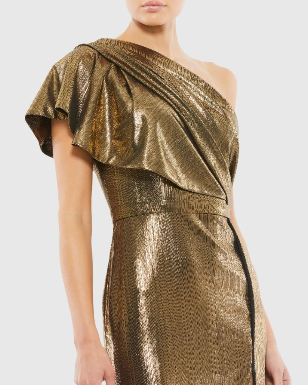 Gold Ruffled One Shoulder Metallic Evening Gown - FINAL SALE