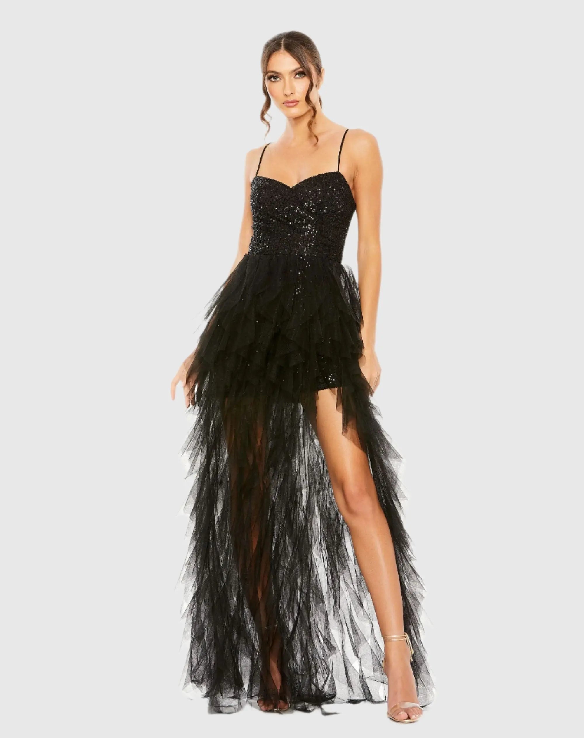 Black Sequin A-Line Dress with High-Low Ruffle Skirt