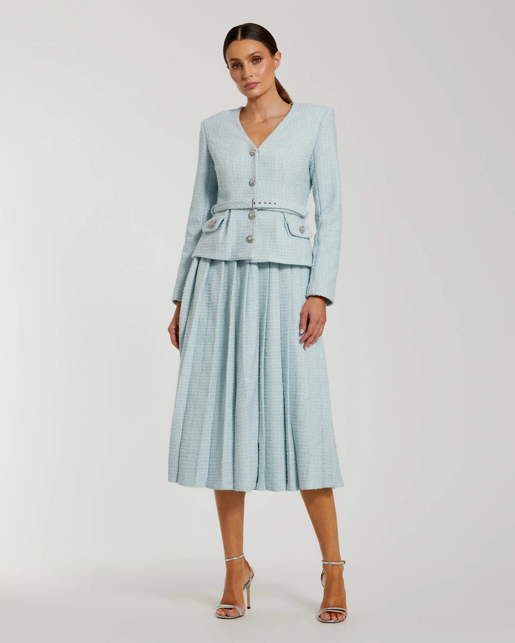 Blue Boucle Long Sleeve V Neck Midi Dress With Buttons