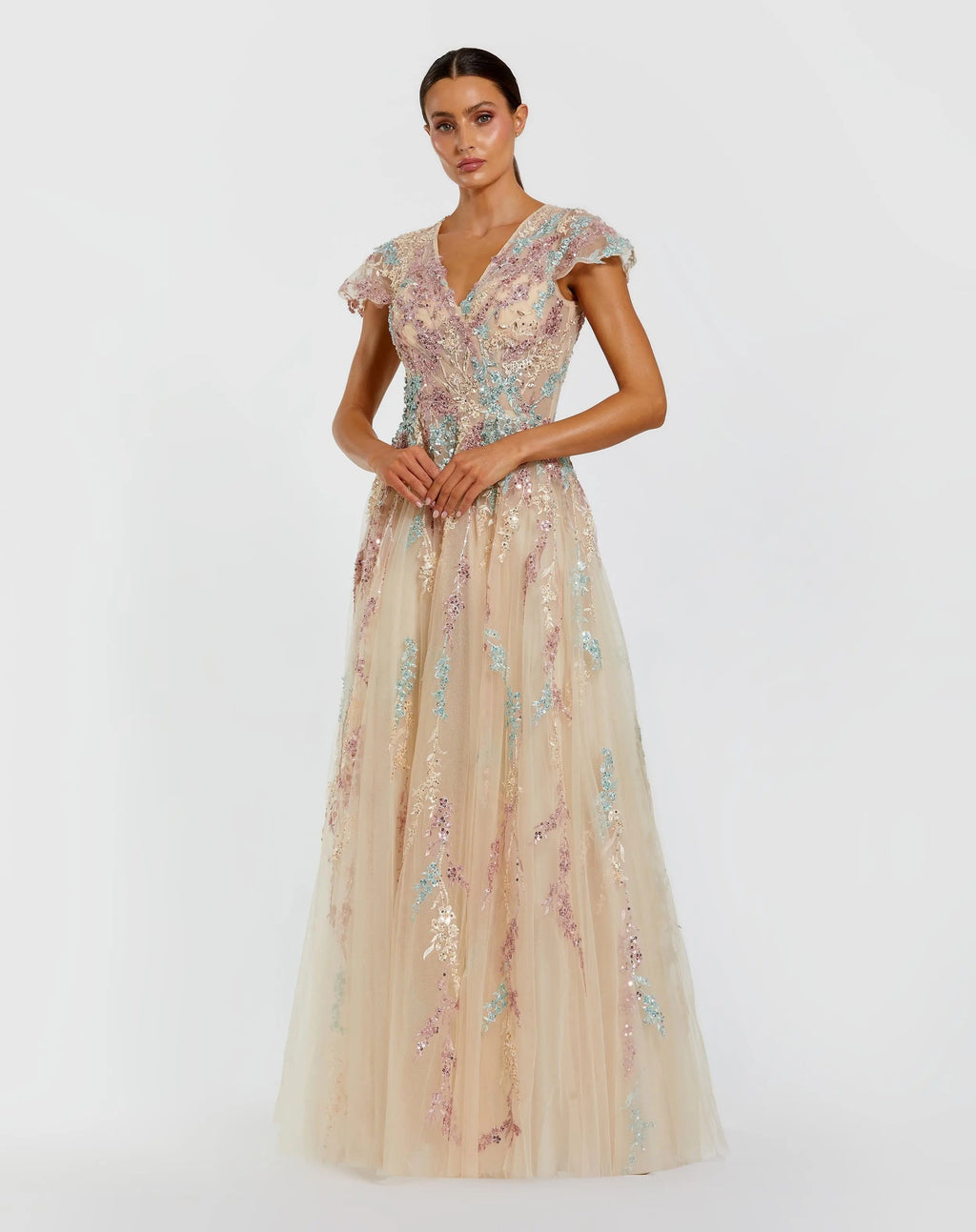 Beige Embroidered Tulle V-Neck Gown