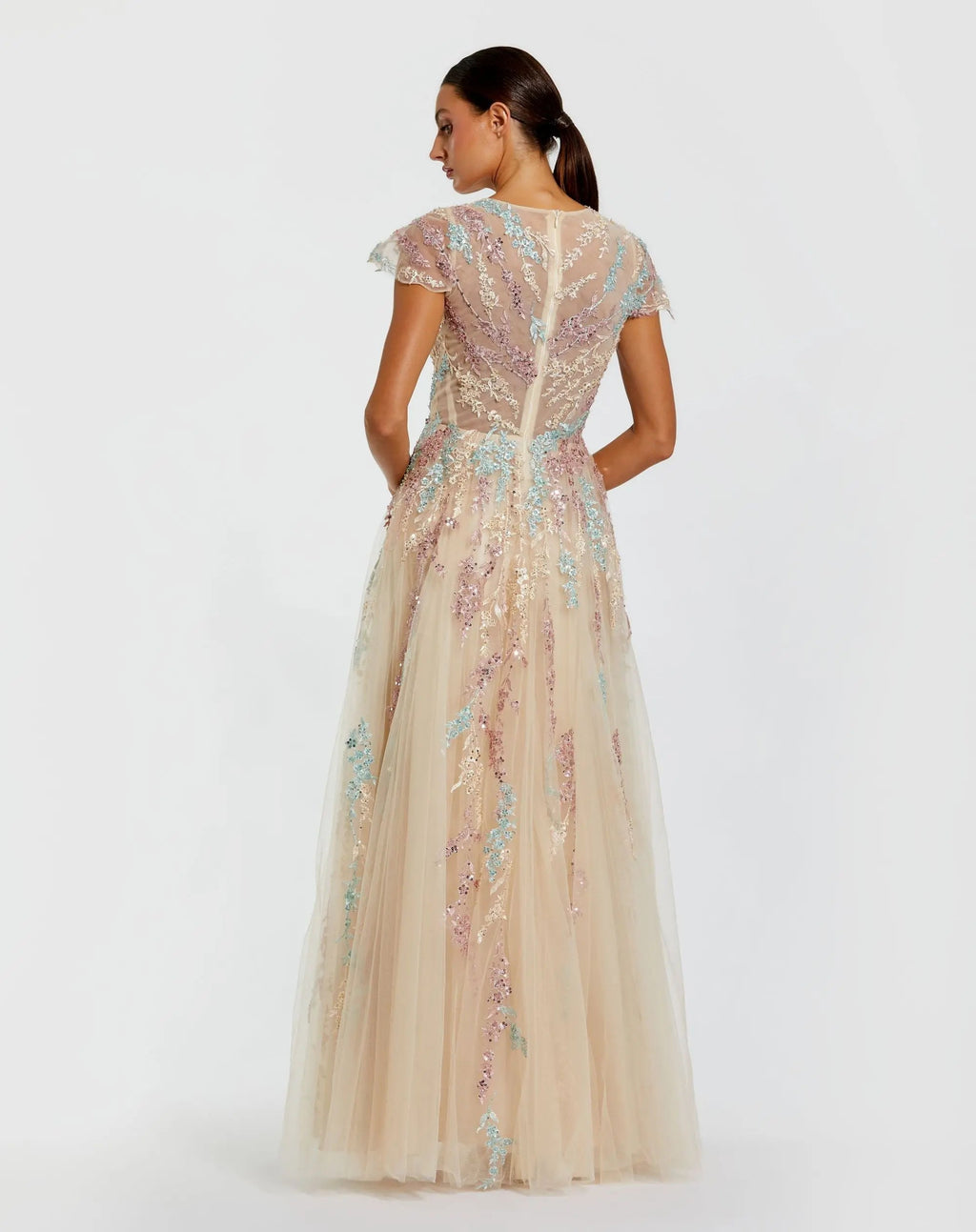 Beige Embroidered Tulle V-Neck Gown