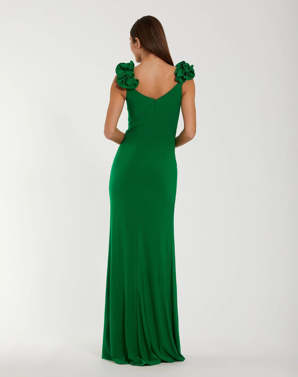 Green Sleeveless V-Neck Gown With Ruffled Straps