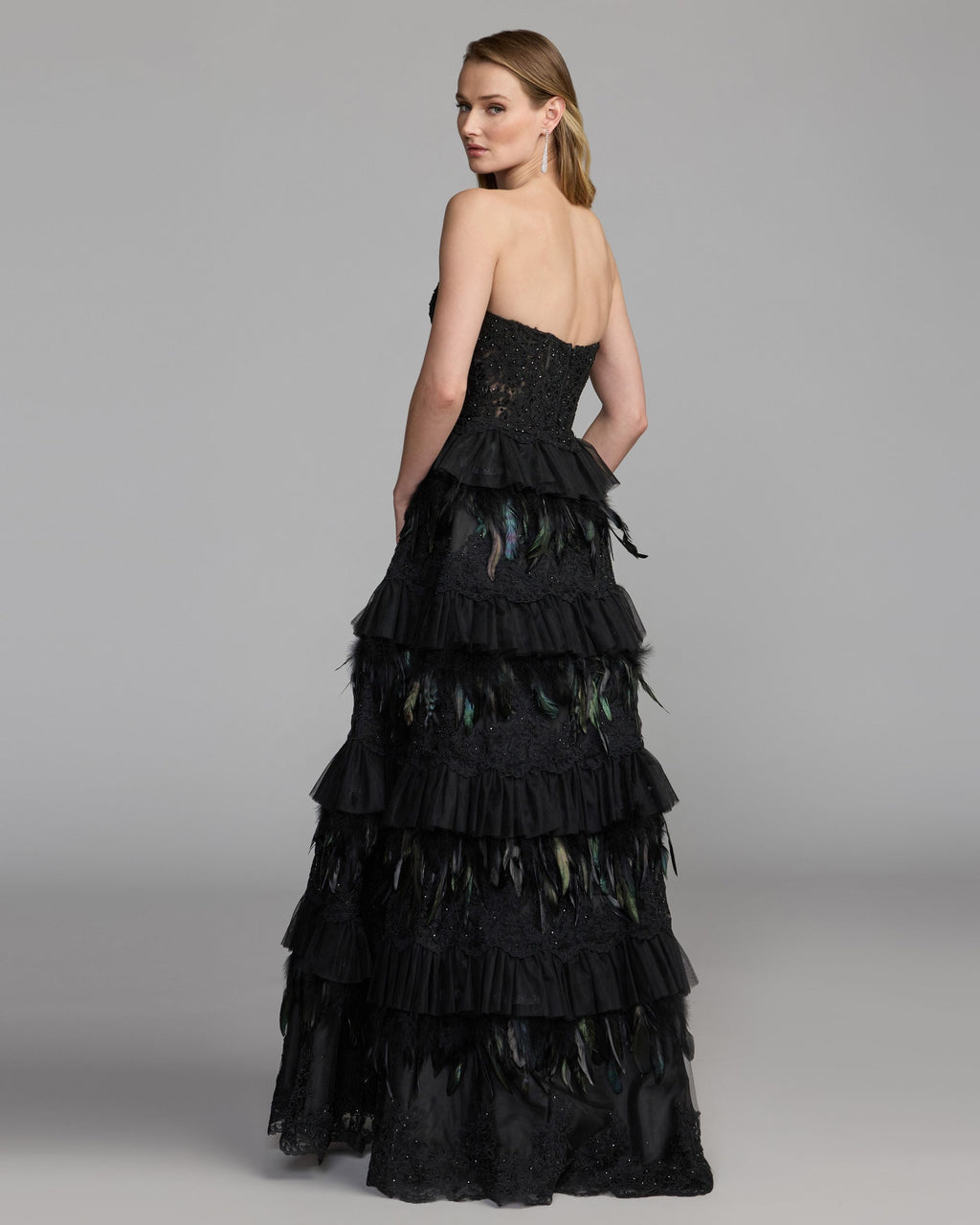 Black Strapless Sweetheart Lace Tiered Feather Ball Gown