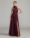 Purple Halter Neck Open Back Satin Gown With Slit