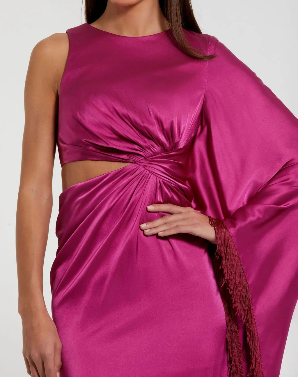 Purple Charmeuse Kaftan Sleeve Gown With Fringe Detail