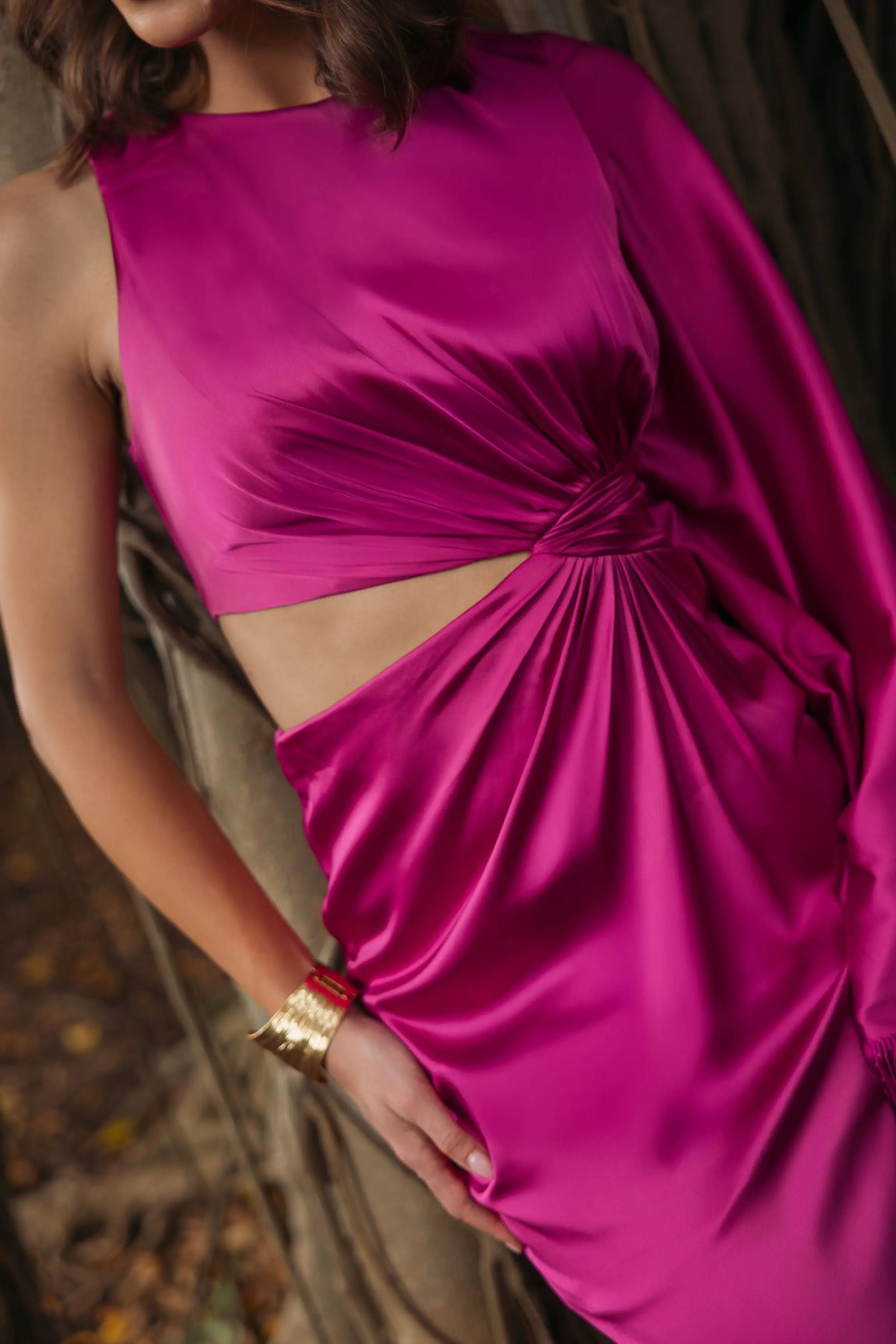 Purple Charmeuse Kaftan Sleeve Gown With Fringe Detail