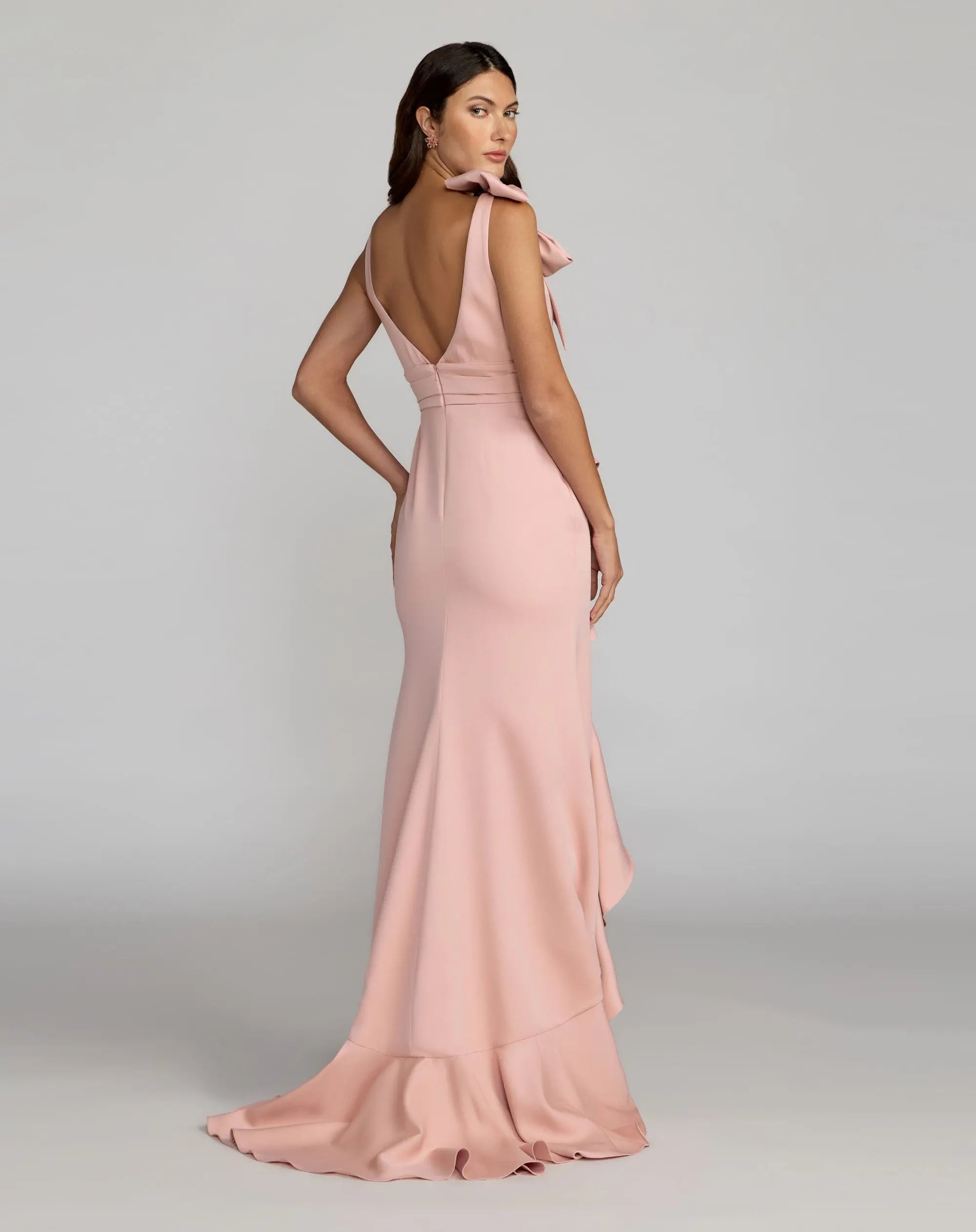 Pink Sleeveless Ruffled V-Neck Gown With Bow
