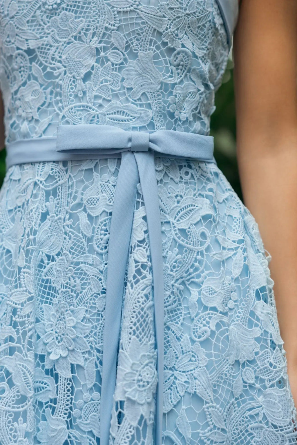 Blue Embroidered Lace Strapless Midi Dress With Bow Detail