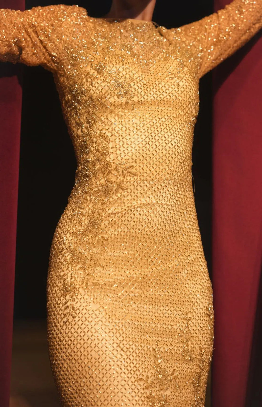 Gold  Long Sleeve Beaded Evening Gown