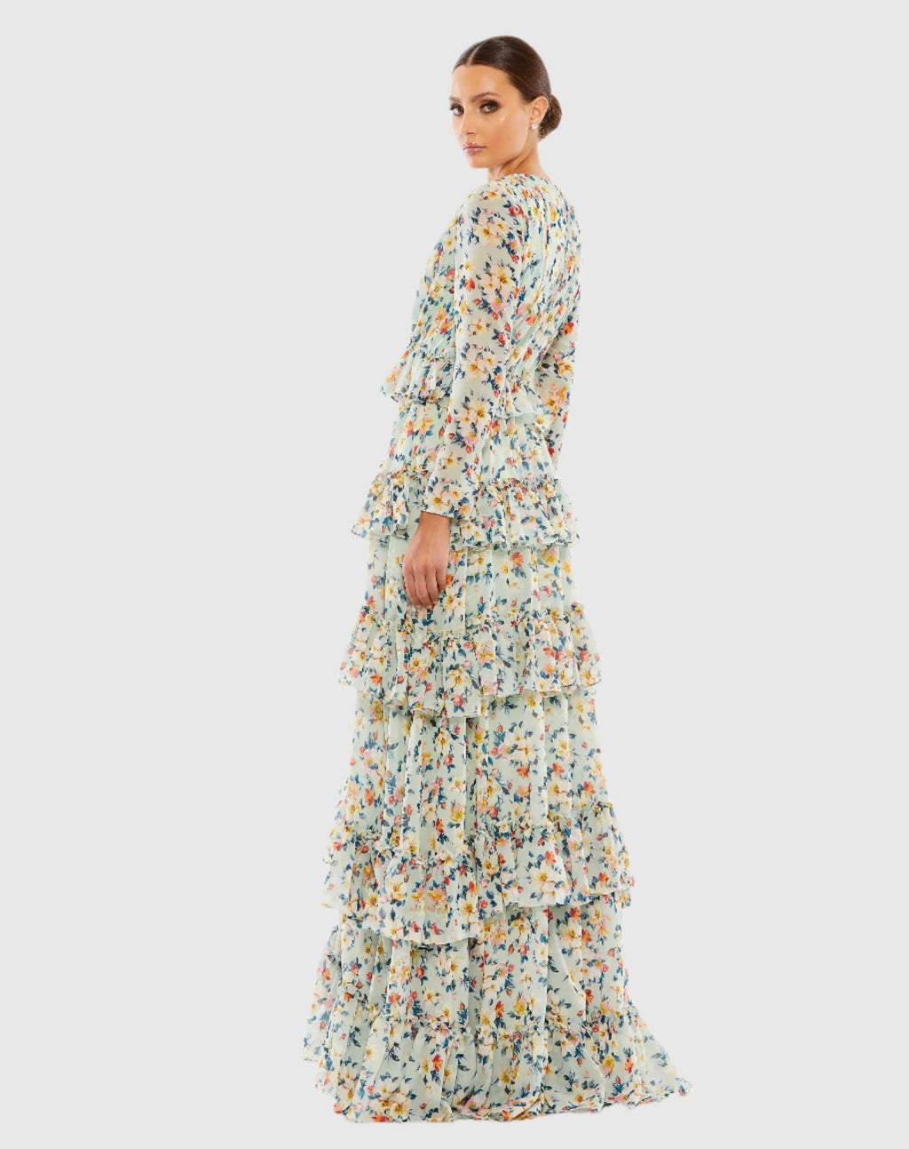 Green Floral Printed Tiered Ruffle Long Sleeve Gown