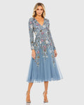 Blue Hand Embellished Floral V-Neck Long Sleeve Dress