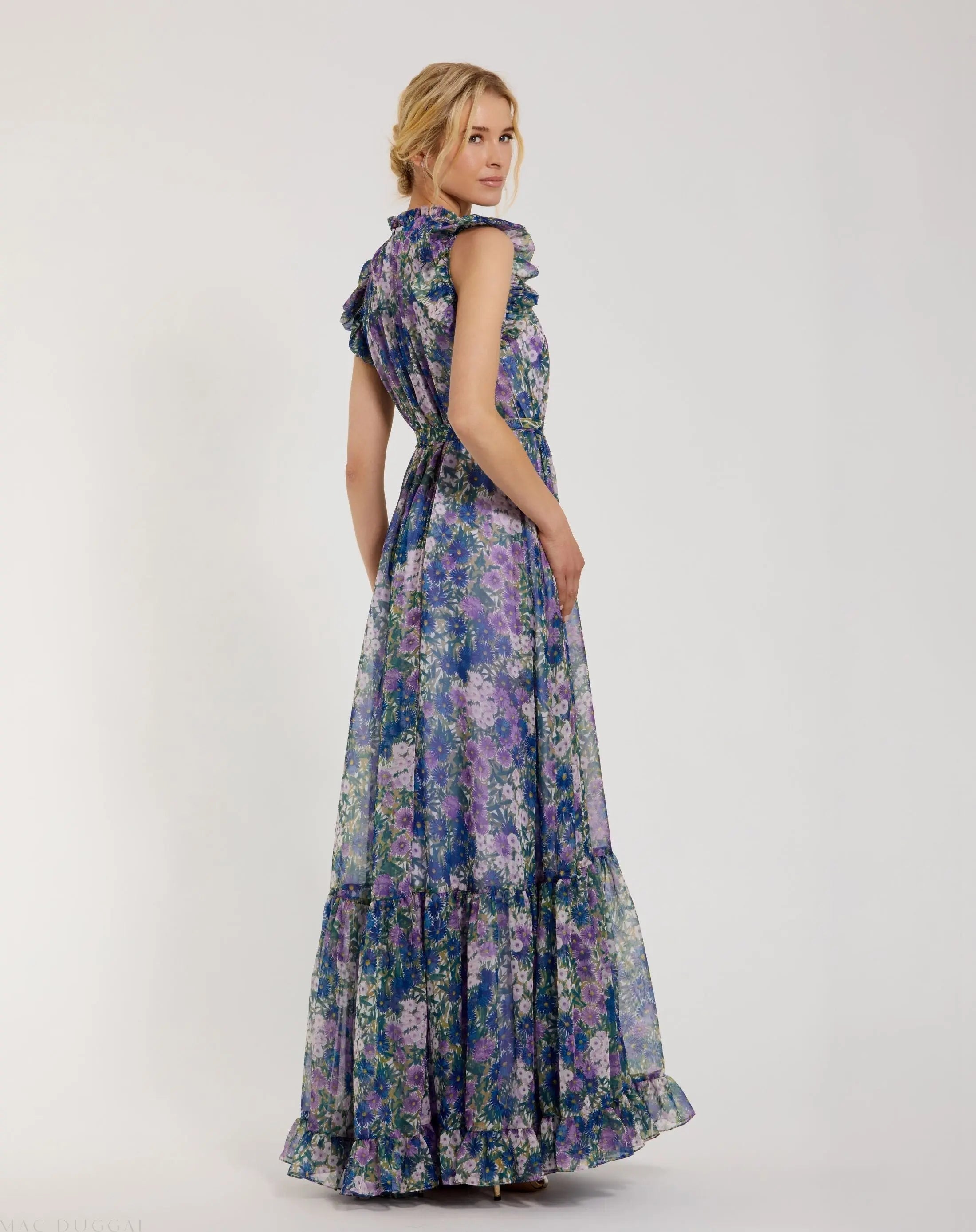Purple Floral Chiffon Cap Sleeve Gown