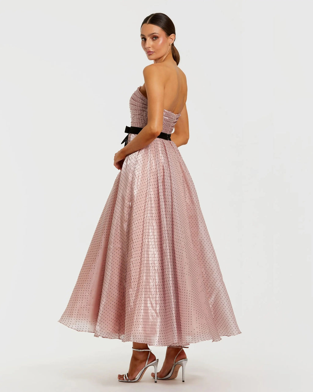 Pink Polka Dot Organza Strapless Midi Dress With Velvet Bow