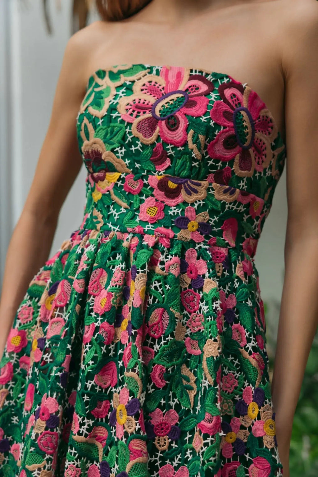 Green Strapless Floral Embroidered Midi Dress