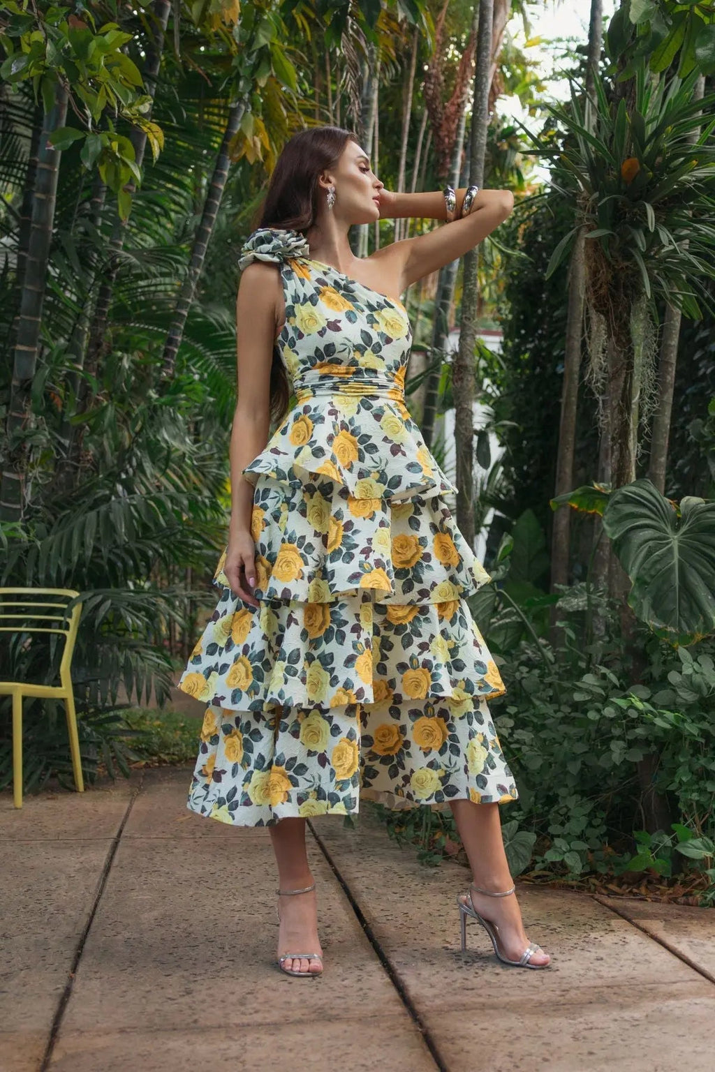Yellow One Shoulder Floral Tiered Midi Dress