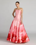Pink Printed Mikado Strapless Drop Waist Ball Gown