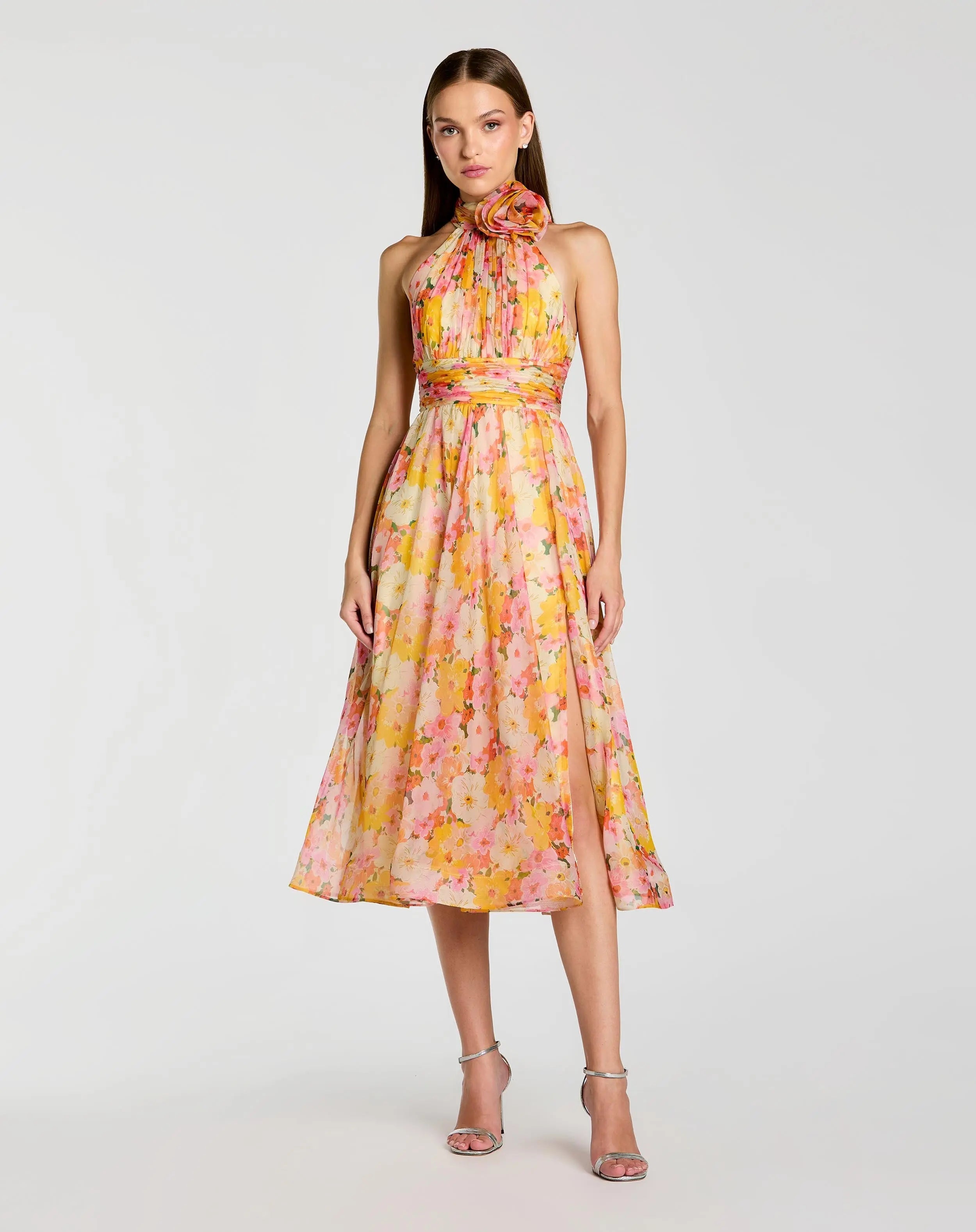 Multicolor Floral Halter Neck Midi Dress With 3D Flower