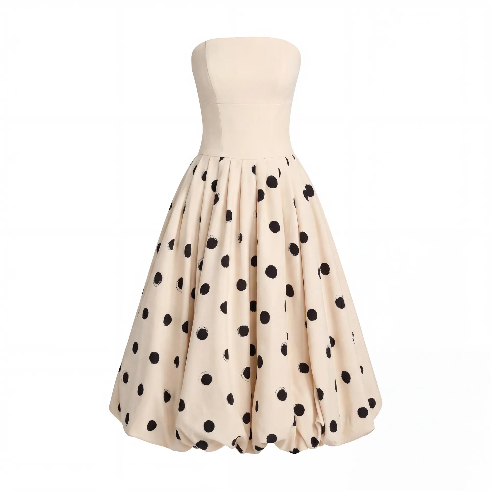 Beige Strapless Polka Dot Bubble Skirt Midi Dress