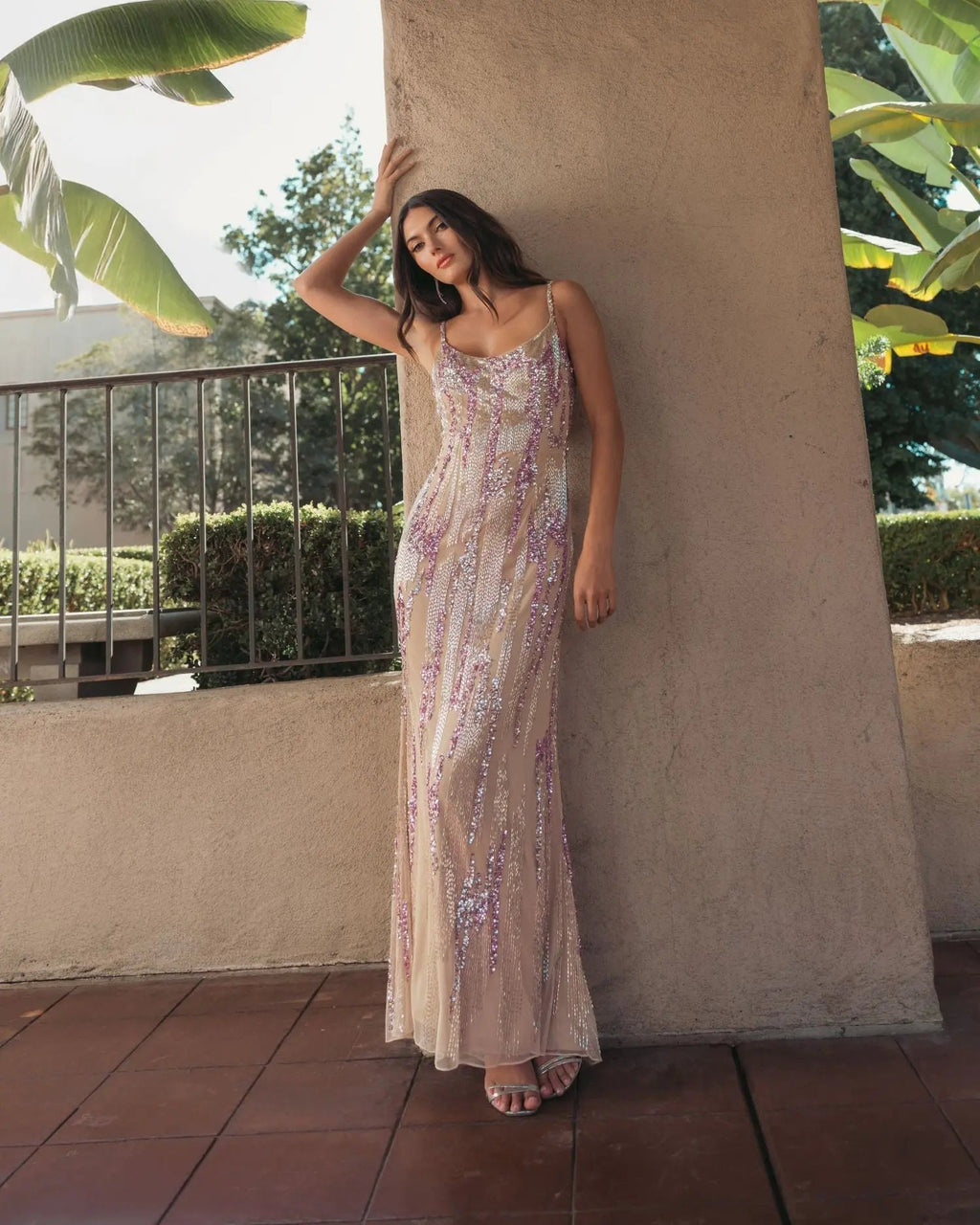 Beige Spaghetti Strap Beaded Column Gown